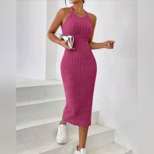 Elegant Ribbed Pink Heather Halter Knit Midi Dress Size Medium 8/10 Never Worn